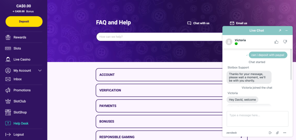 Slotbox support chat conversation