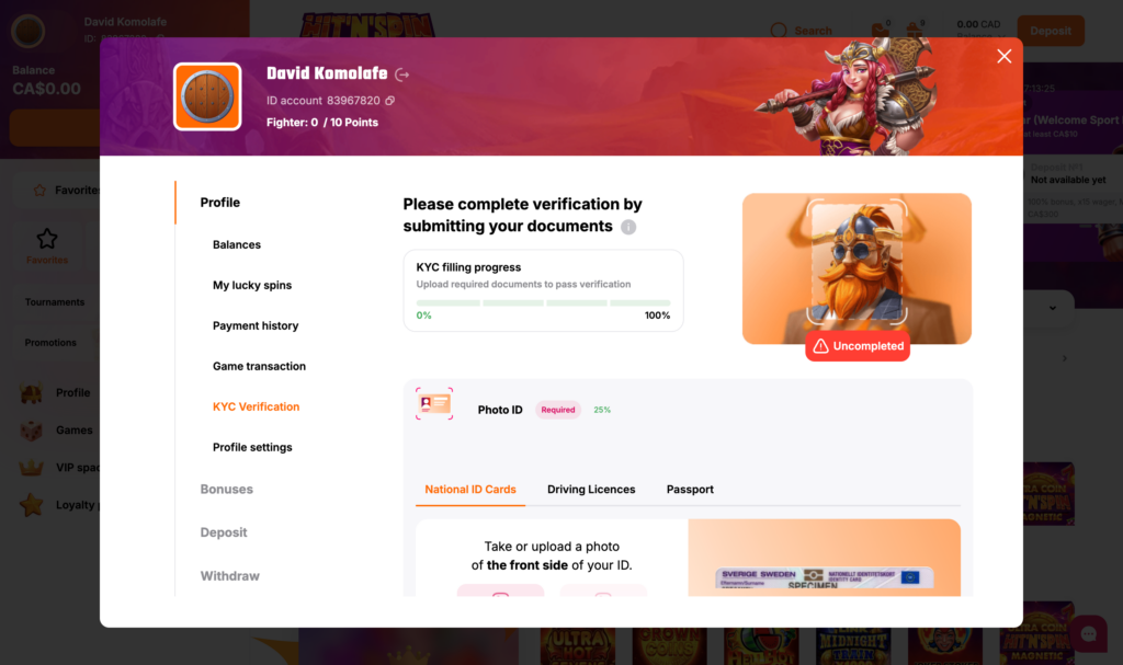 HitnSpin profile kyc
