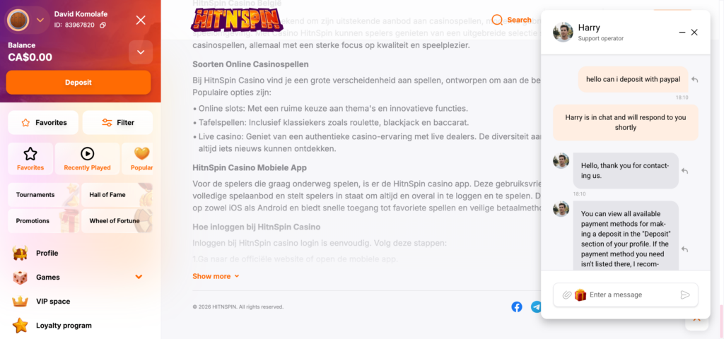 HitnSpin support chat conversation