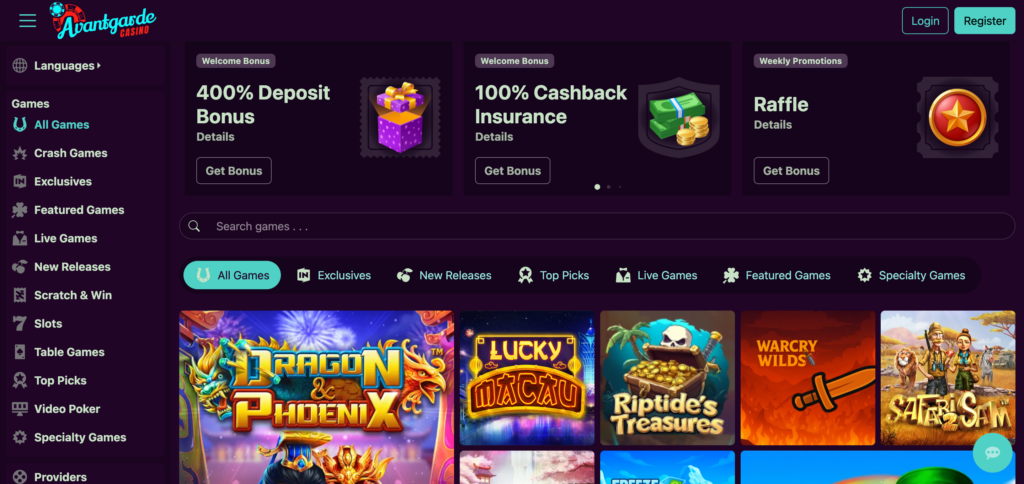 Avantgarde Casino home page