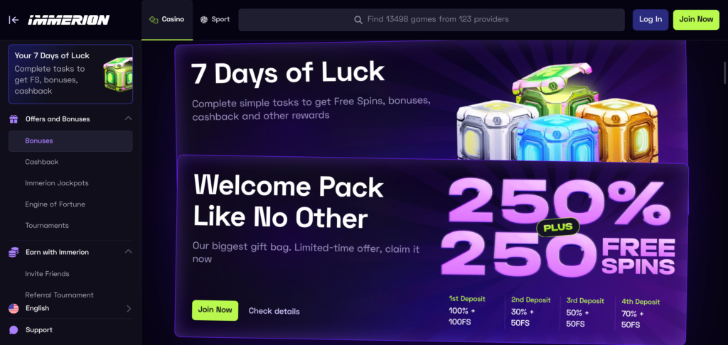 Immerion Casino promotions as seen when testing