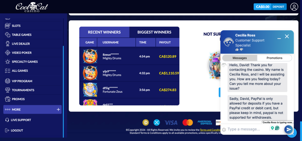 CoolCat Casino live support 