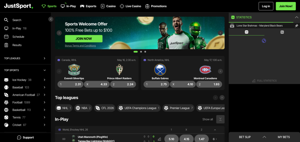 JustCasino.com sportsbook as seen when testing