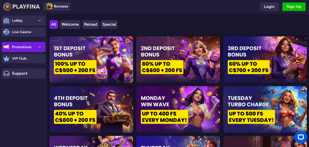 Playfina promotions as seem when testing 