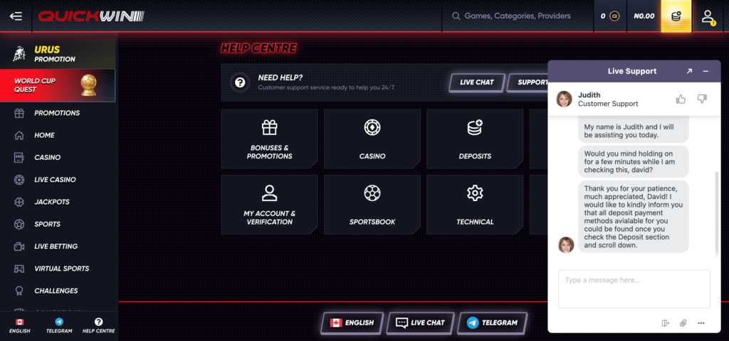 Quickwin support chat 