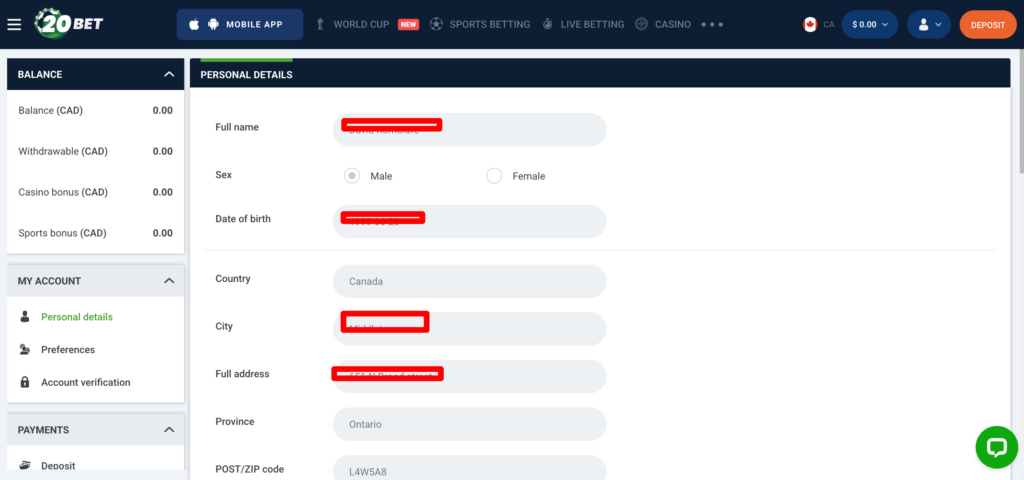 20Bet profile setting