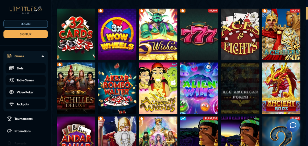 Limitless Casino games as seen when testing