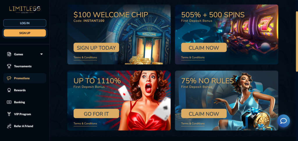 Limitless Casino promotions as seen when testing