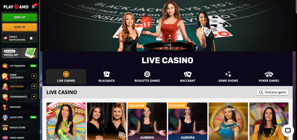 PlayAmo live casino when testing
