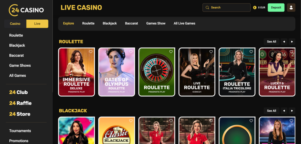 24Casino live casino as seen when testing