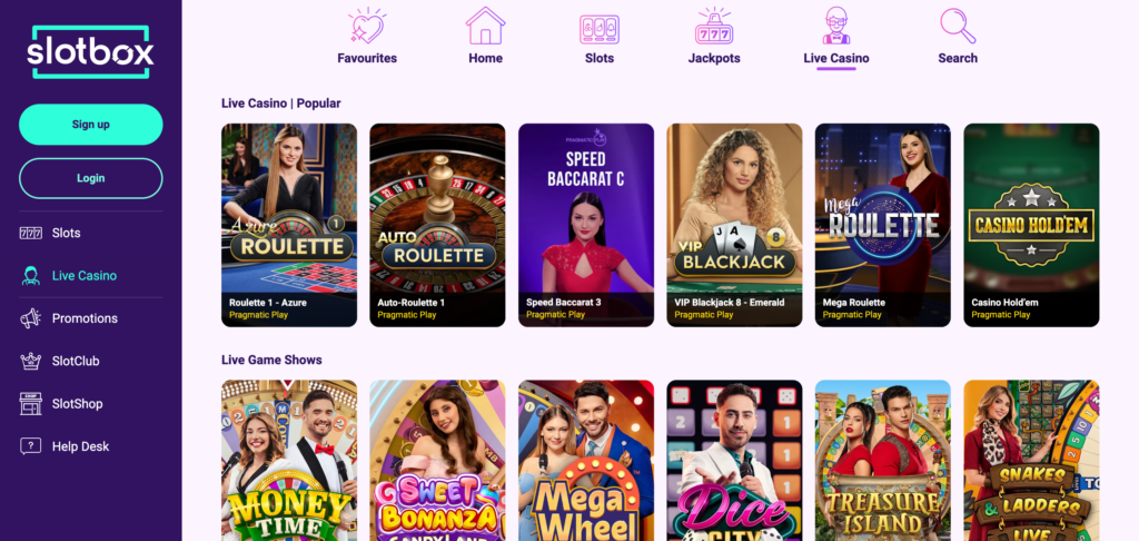 Slotbox Casino live casino games as seen when testing