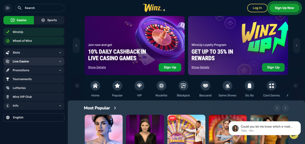 Winz casino home page