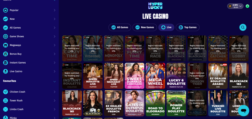 Hyper Lucky live casino  seen when testing