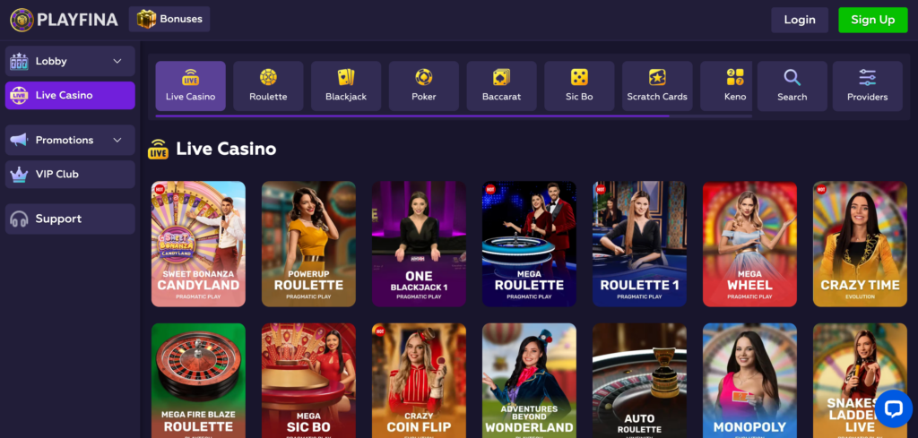 Playfina live casino as seen when testing
