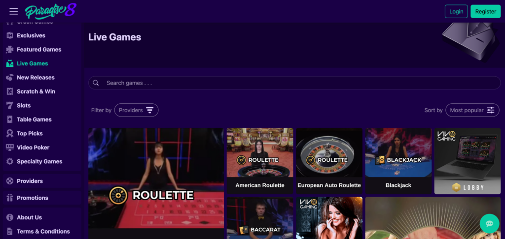 Paradise8 live casino as seen when testing 