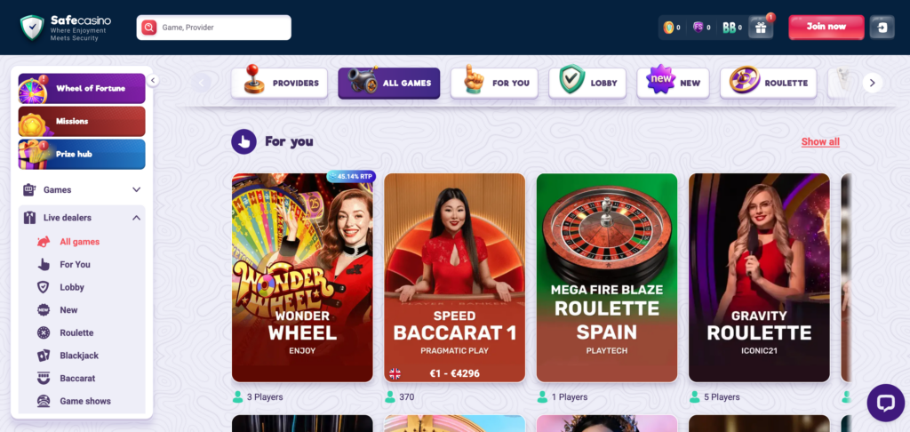 SafeCasino casino games as seen when testing