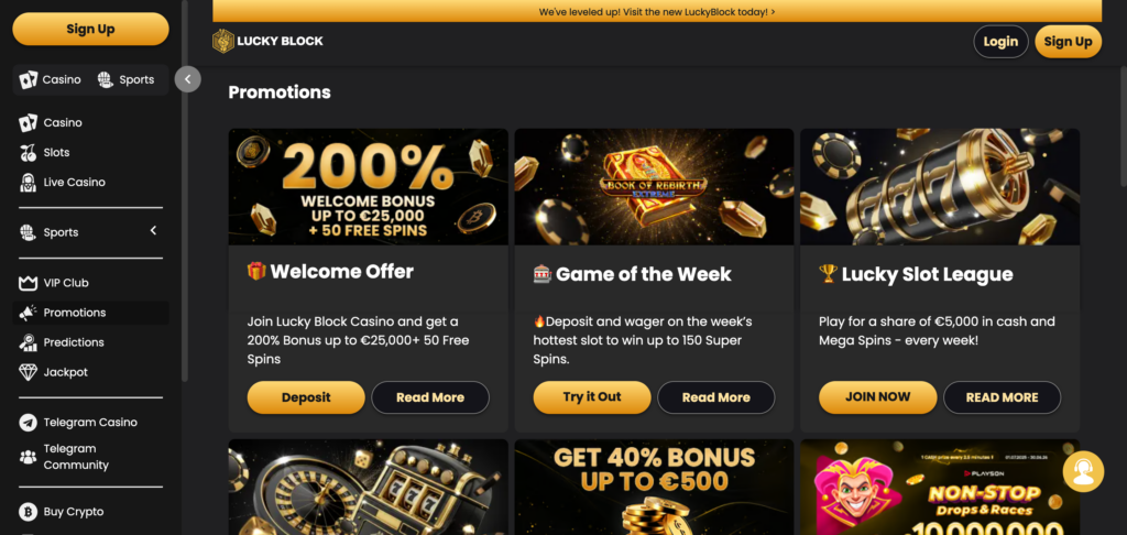 Lucky Block Casino promotions seen when testing