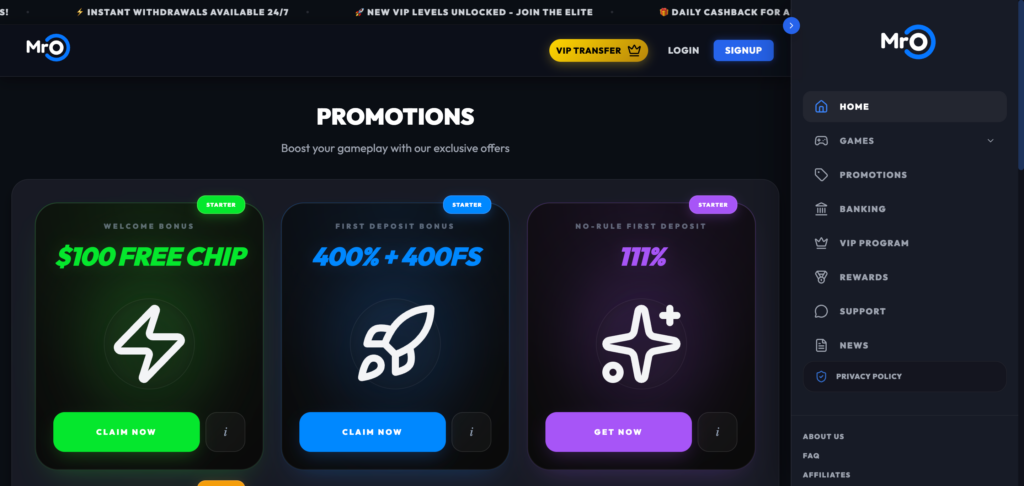 Mro Casino promotion as seen when testing