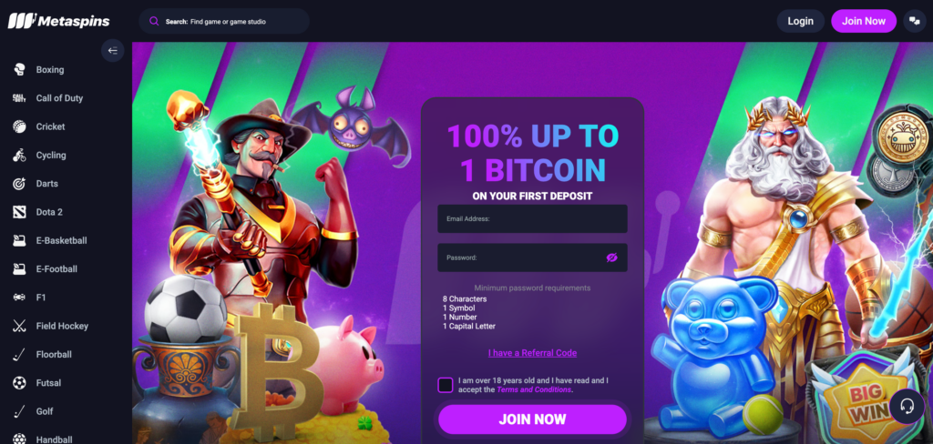 Metaspins Casino home page