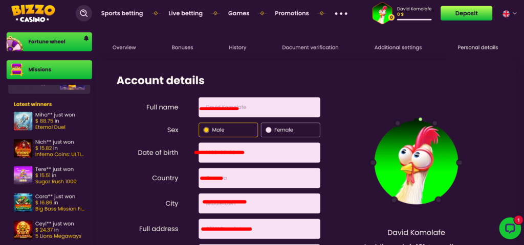 Bizzo Casino account profile setting
