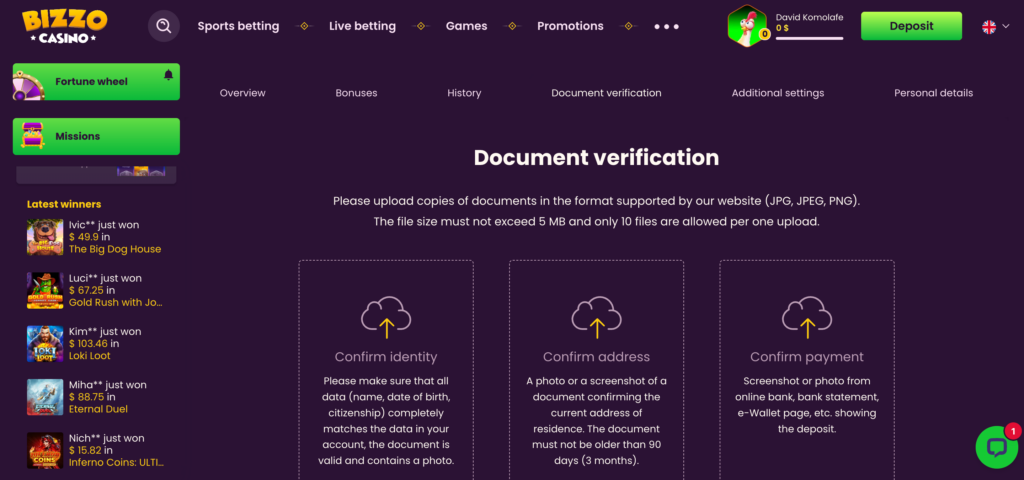 Bizzo Casino KYC 