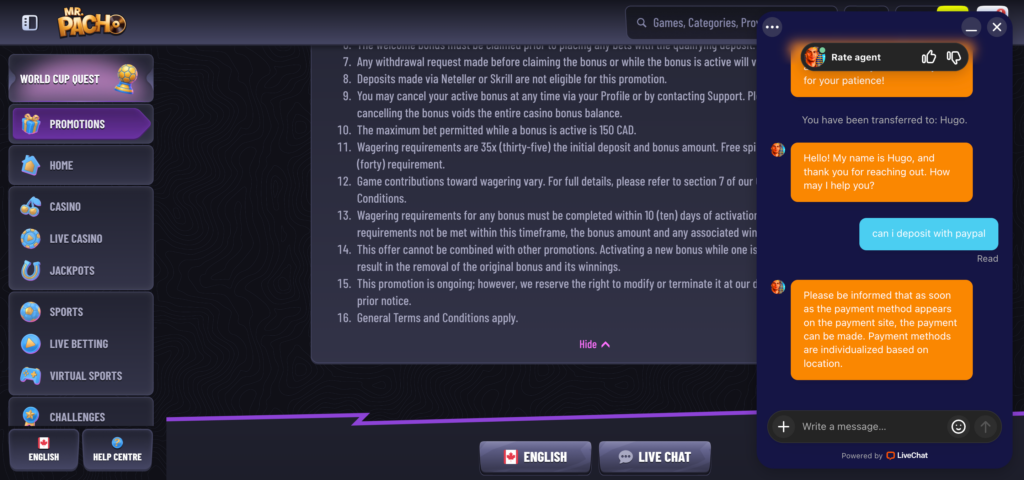 MrPacho support chat conversation