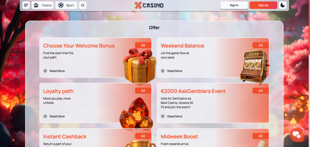 ZenCasino promotions as seen when testing