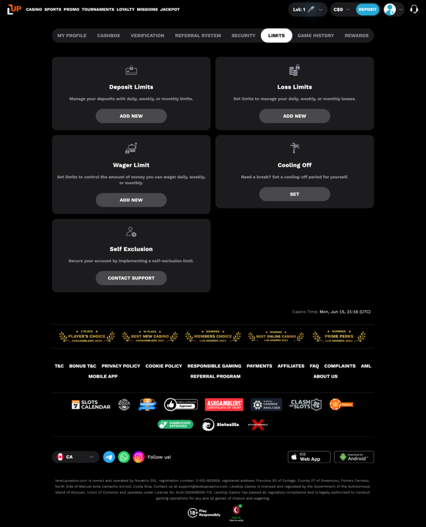 LevelUp Casino responsible gambling tool
