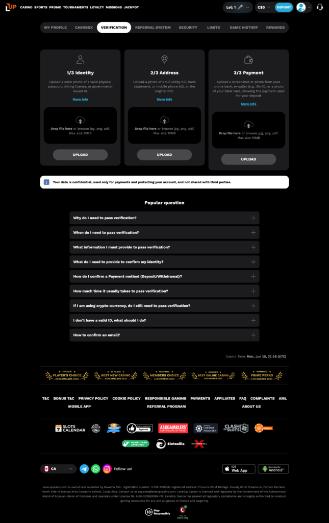 LevelUp Casino KYC upload document