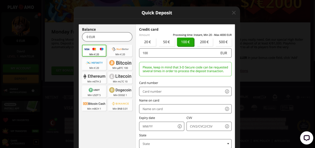 PlayAmo deposit methods