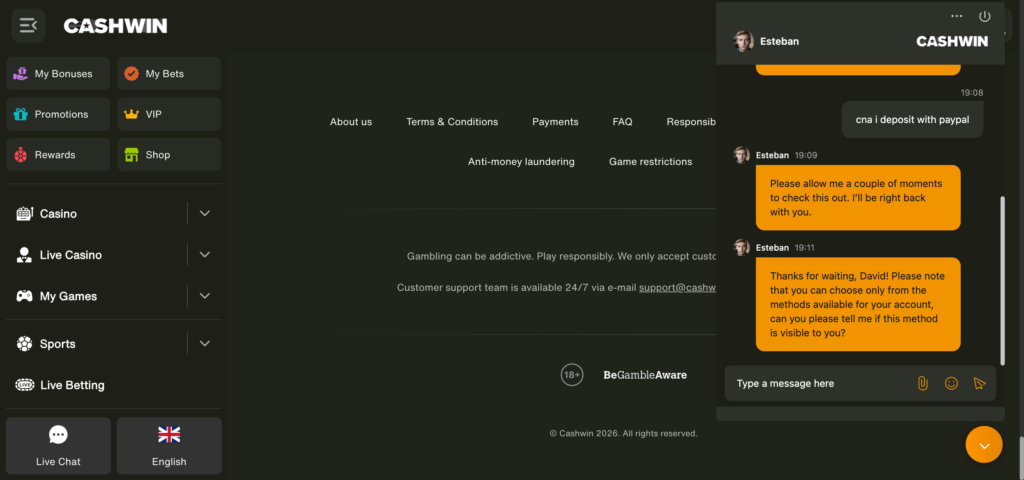 Cashwin support chat 2