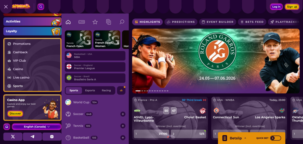 Spinania sportsbook as seen when testing