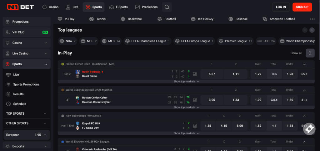 N1bet sportsbook as seen when testing