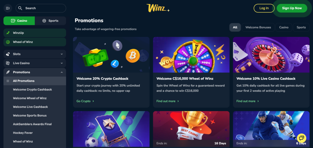 Winz casino promotions as seen when testing