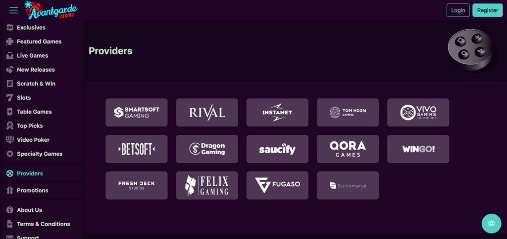 Avantgarde Casino provider as seen when testing