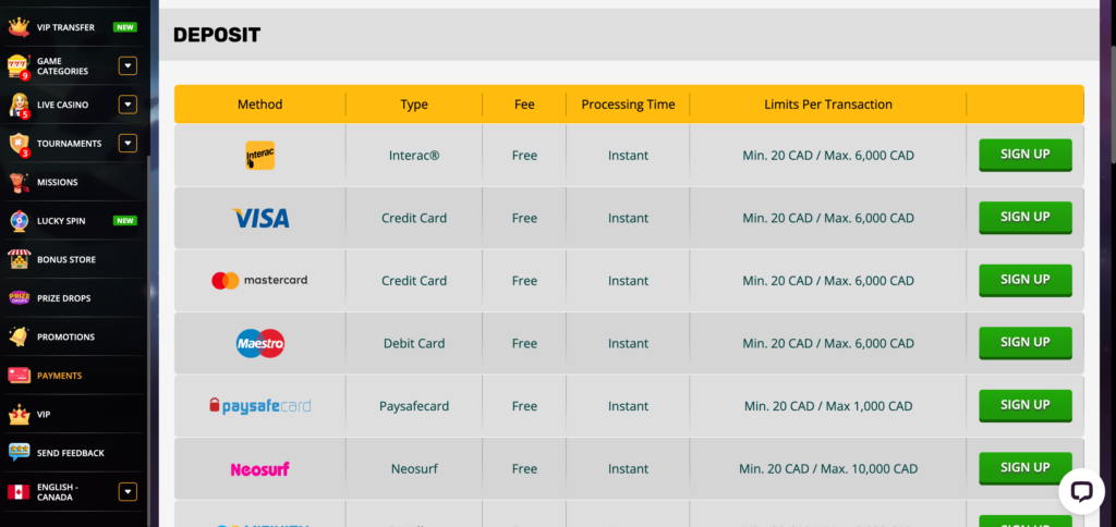 PlayAmo deposit method seen when testing