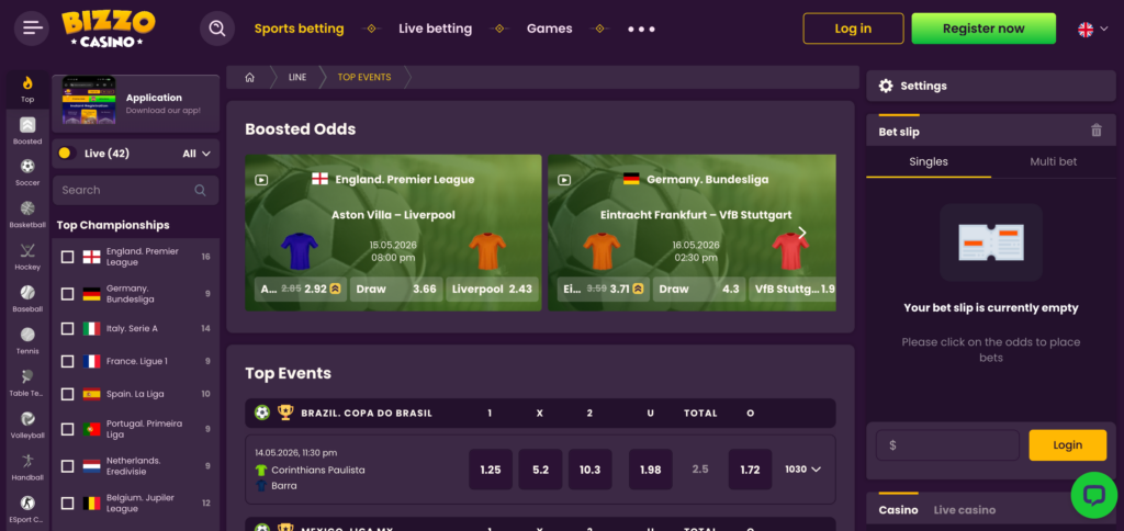 Bizzo casino sportsbook as seen when testing