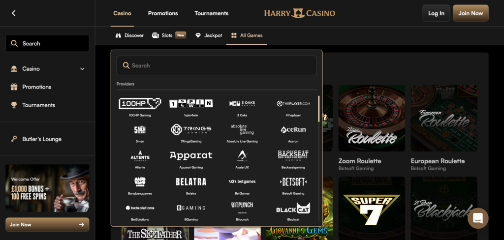 Harry Casino provider as seen when testing
