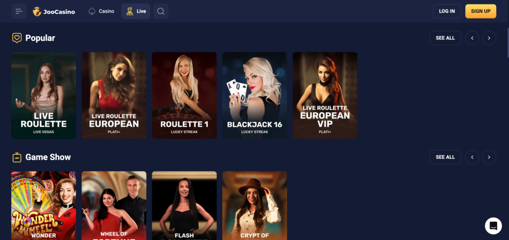 Joo Casino live casino as seen when testing