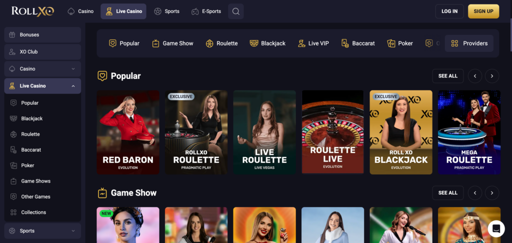 RollXO live casino seen when testing