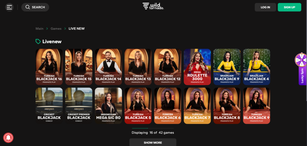 WildTornado Casino live casino as seen when testing