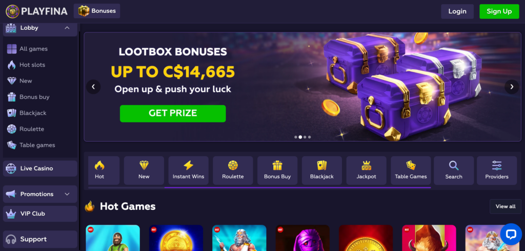 Playfina Casino home page