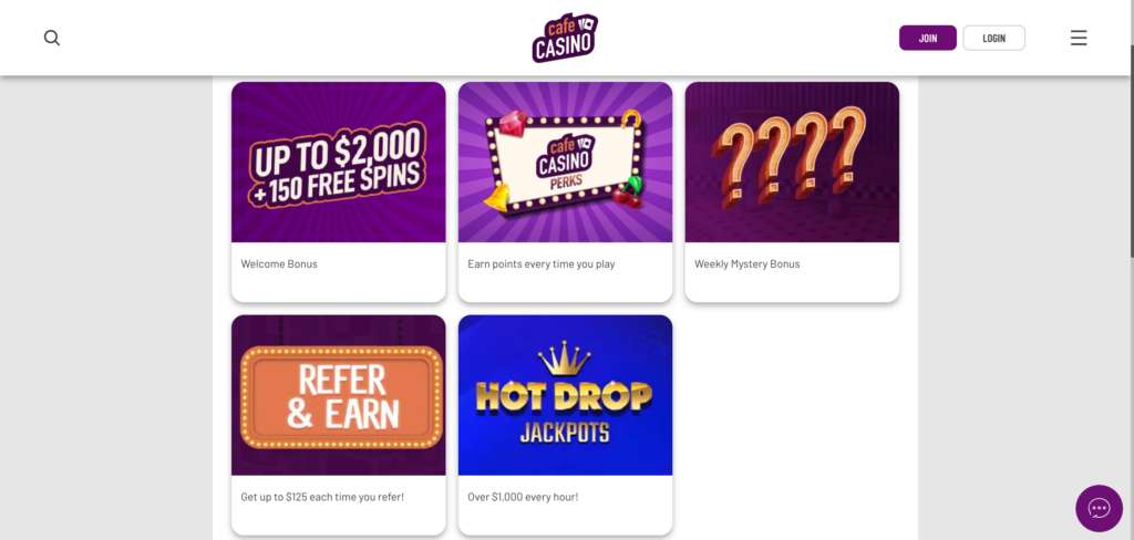 Cafe Casino promotions as seen when testing