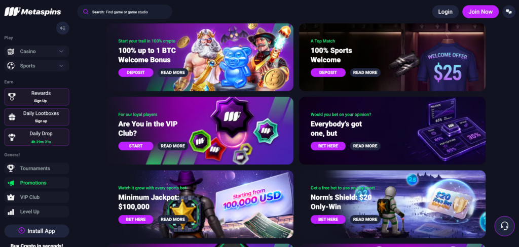 Metaspins Casino promotions as seen when testing