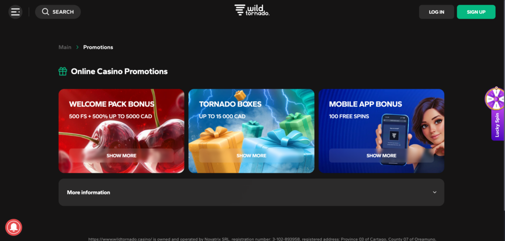 WildTornado Casino promotions as seen when testing