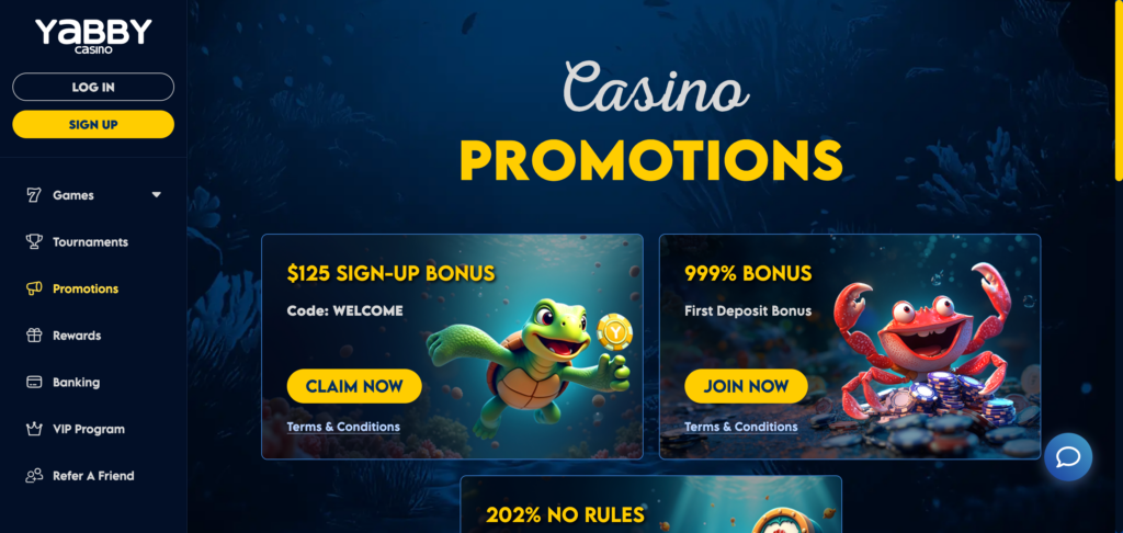 Yabby Casino promotions as seen when testing