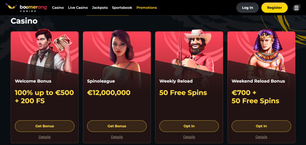 Boomerang Casino promotion as seen when testing
