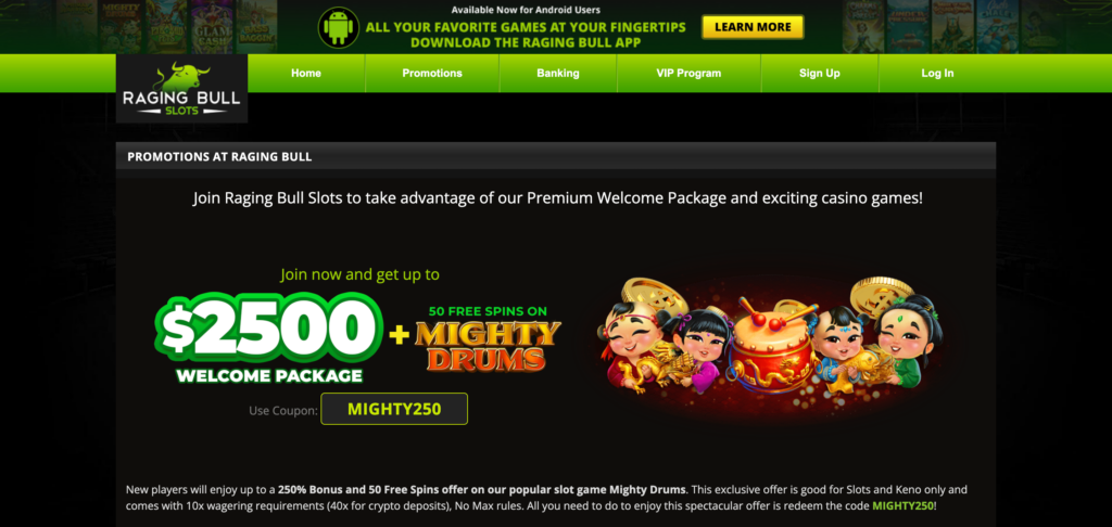 Raging Bull Casino bonus as seen when testing