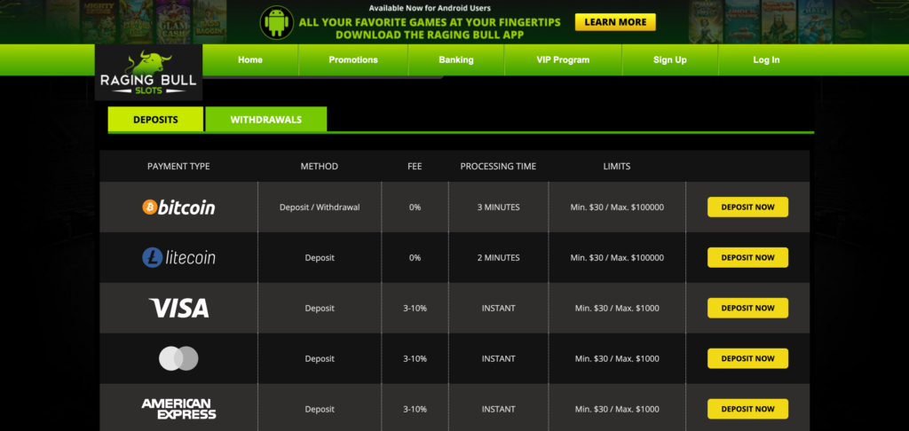 Raging Bull Casino deposit and withdrawal when as seen when testing
