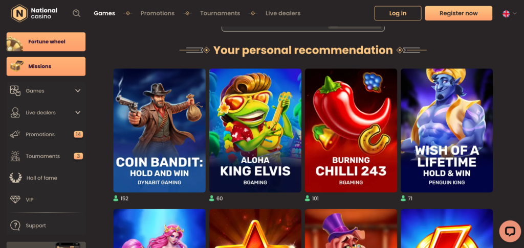 National Casino games seen when testng